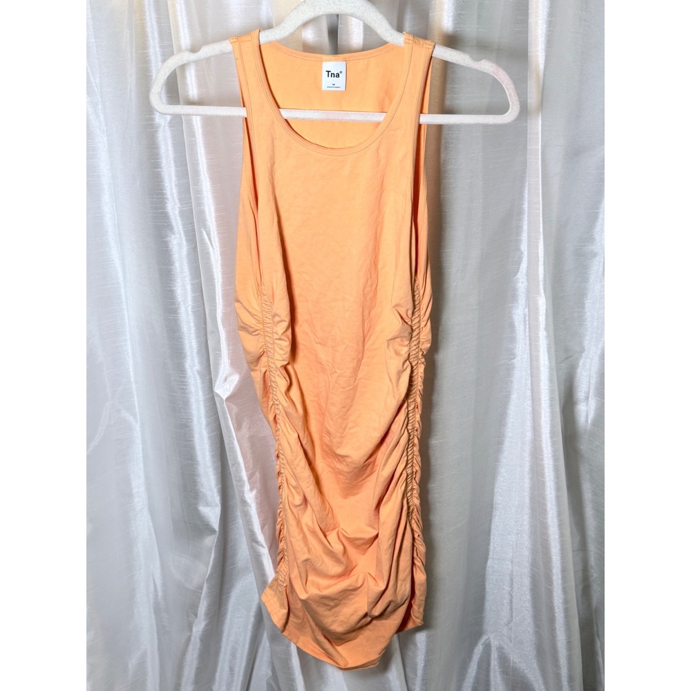 Tna Tank Dress Women M Orange Ruched Side Bodycon Mini Sleeveless Scoop Neck